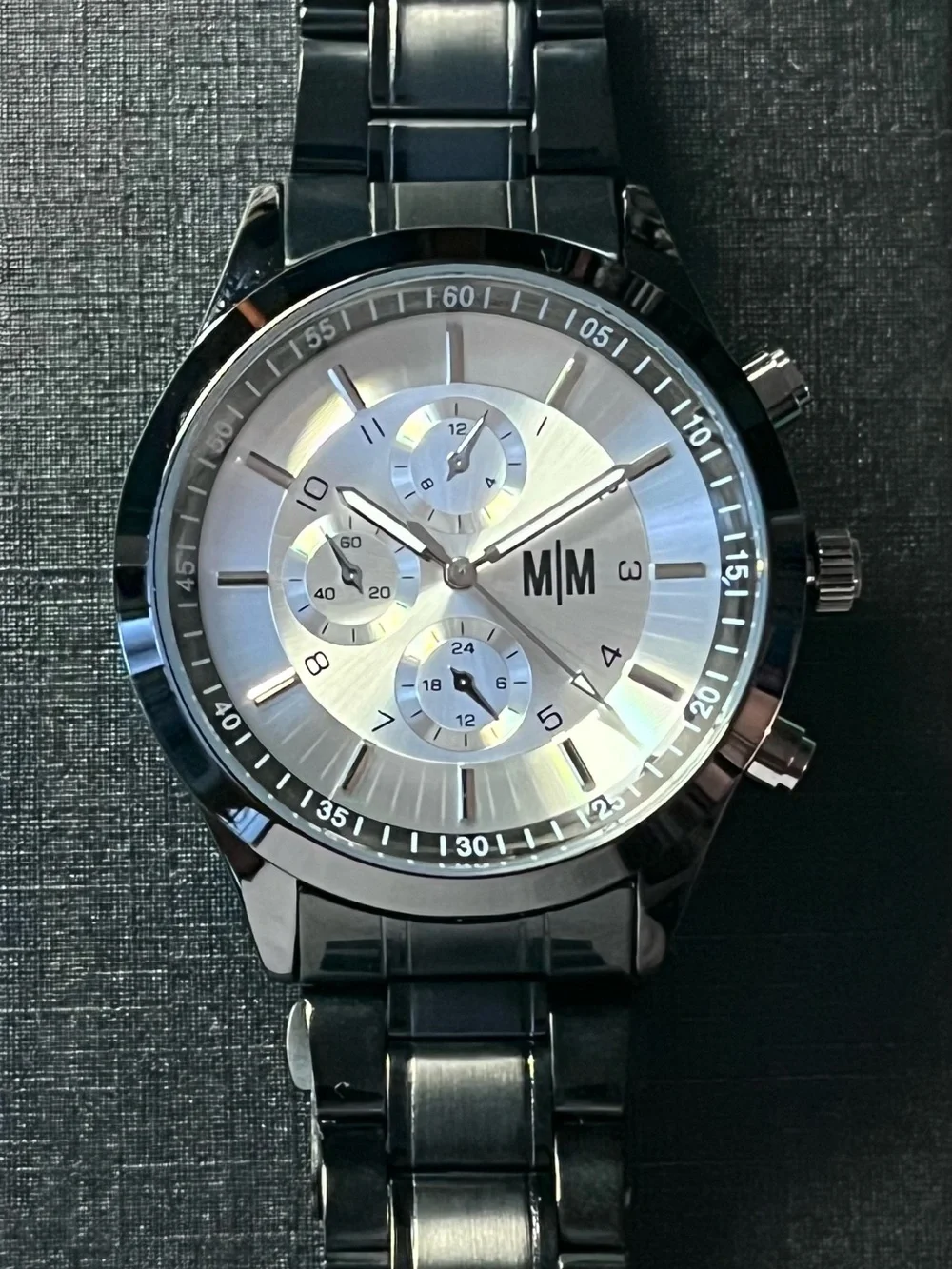 M|M Stainless Steel Chronograph Watch - Silver Dial, Black Bracelet